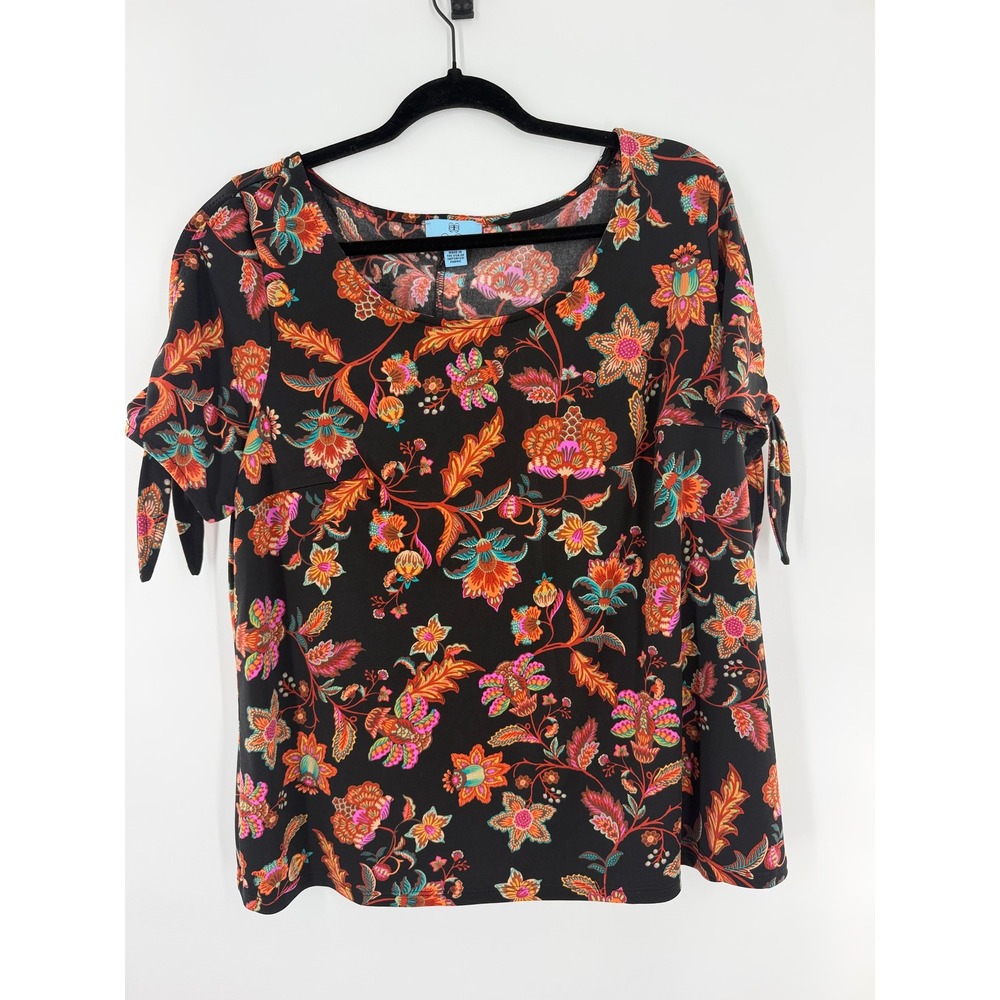 CeCe Black Floral Paisley Tie Sleeve Scoop Neck Blouse 1X
